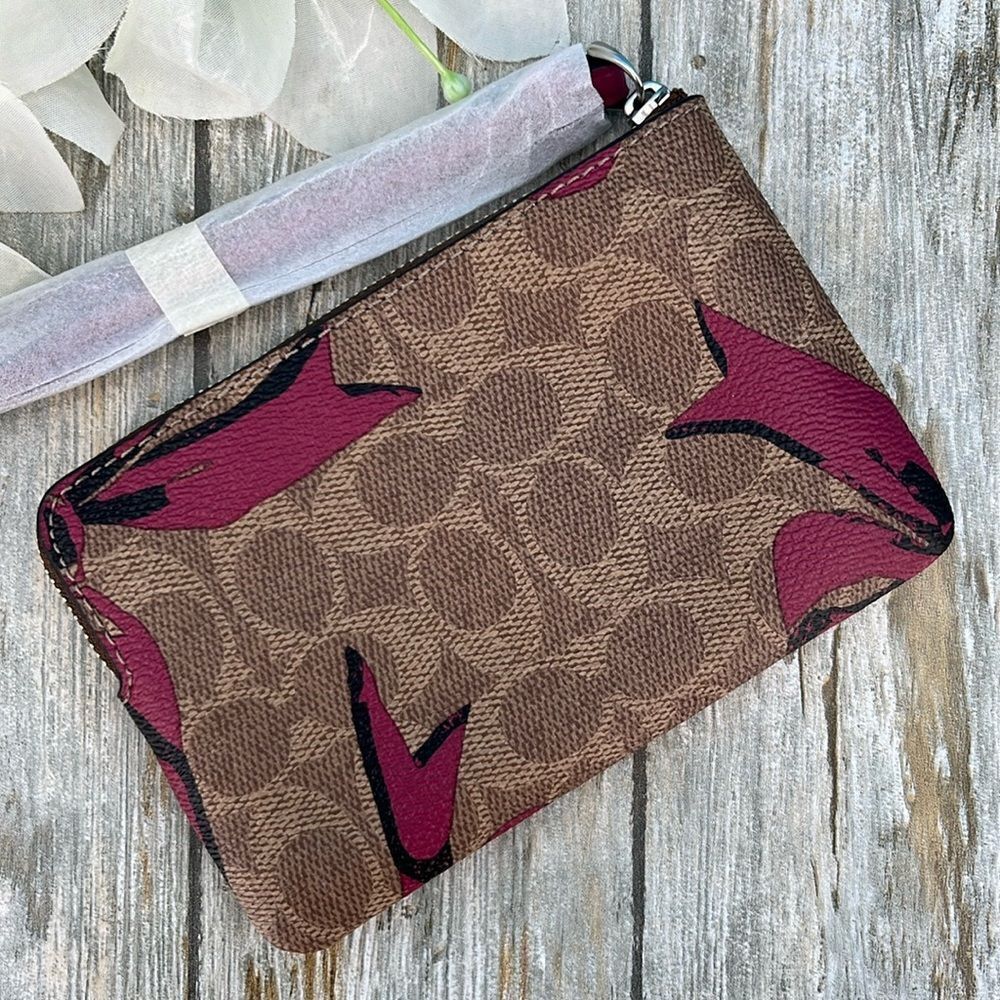Coach Corner Zip Wristlet In Signature Canvas With Bow Print Bag Wallet Purse - Picture 4 of 7
